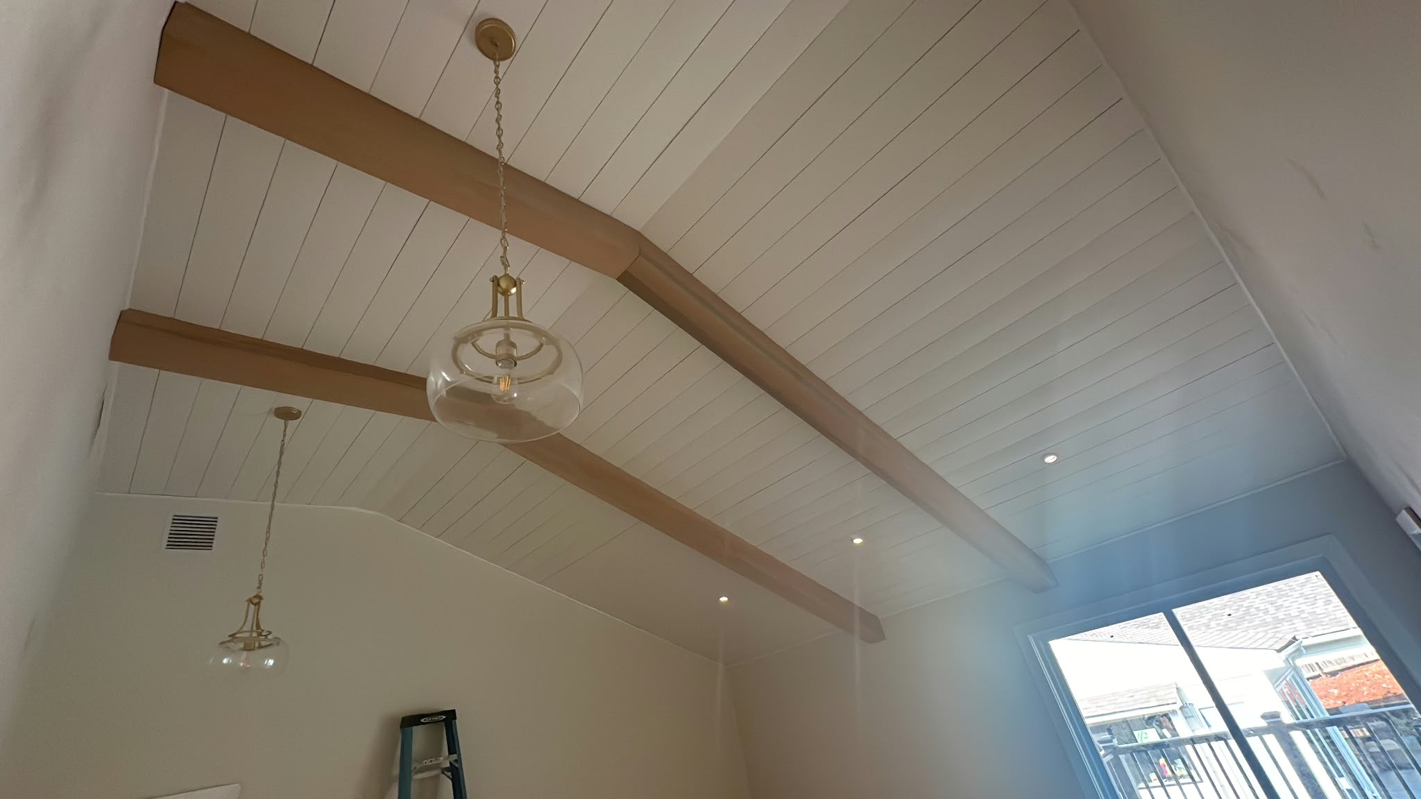 Shiplap Ceiling with Wood Beams